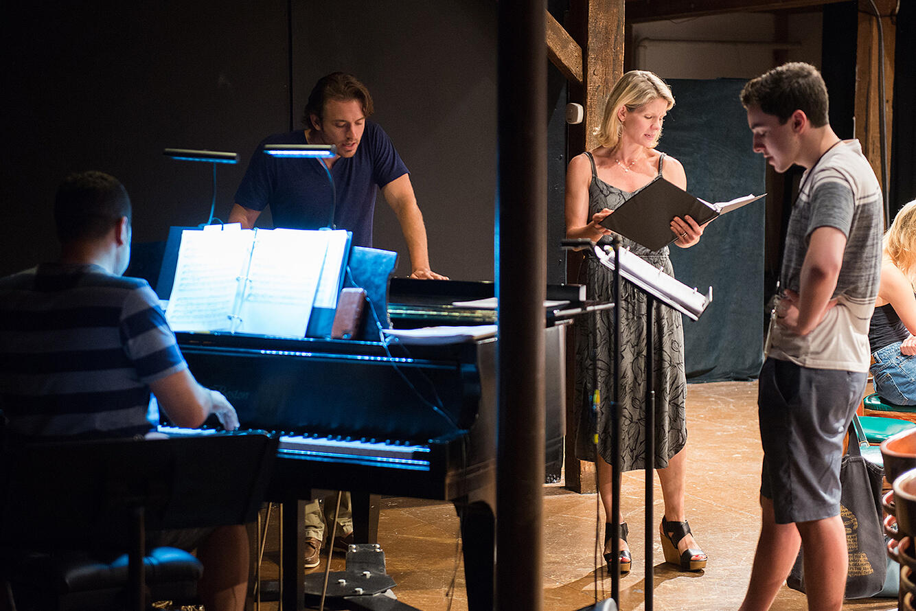 James Snyder, Kelli O'Hara and Kyle McArthur in rehearsal for "Superhero" at Eugene O'Neill Theater Center, 2017.